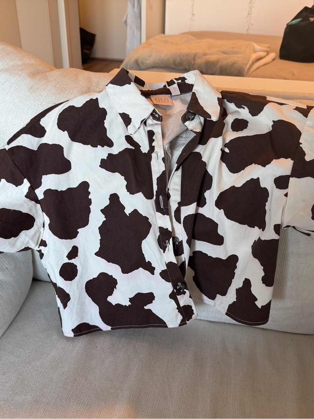 Good Luck Gem cropped Cow Spot Button-Down Shirt - White & Brown